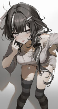 1girl :p absurdres ahoge akanbe asymmetrical_legwear bare_shoulders bent_over black_bow black_hair black_nails black_thighhighs bone_hair_ornament bow braid breasts danha dress eyelid_pull feet_out_of_frame glint gradient_background grey_background grey_dress grey_eyes grey_hair hair_bow hair_ornament hair_over_shoulder hairclip hand_on_own_hip highres jewelry long_hair long_sleeves looking_at_viewer medium_breasts multicolored_hair nail_polish necklace off_shoulder original single_braid skull_hair_ornament solo standing streaked_hair striped_clothes striped_thighhighs thighhighs tongue tongue_out torn_clothes torn_dress two-tone_hair