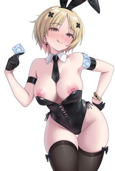 1girl :d absurdres animal_ears armband black_armband black_leotard black_necktie black_thighhighs blonde_hair bracelet breasts brown_eyes closed_mouth collarbone commission condom condom_wrapper_in_clothes covered_navel cross cross_earrings detached_collar earrings fake_animal_ears girls&#039;_frontline gloves gold_bracelet hair_ornament hairclip half_gloves hand_up highres holding holding_condom jewelry leaning_forward leotard looking_at_viewer medium_breasts medium_hair mp40_(champagne_of_spades)_(girls&#039;_frontline) mp40_(girls&#039;_frontline) necktie nekobao nipples open_mouth playboy_bunny rabbit_ears smile solo thighhighs tongue tongue_out