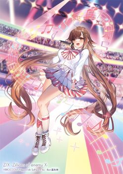 1girl ahoge beamed_eighth_notes bow bow_legwear breasts brown_eyes brown_hair concert copyright_notice eighth_note glowstick idol_clothes large_breasts long_hair musical_note musical_staff official_art open_mouth pink_bow pink_skirt prism_(z/x) quarter_note shirt shoes skirt socks solo sparkle striped_bow striped_clothes striped_skirt very_long_hair white_shirt white_shoes white_skirt white_socks yuasa_akira z/x