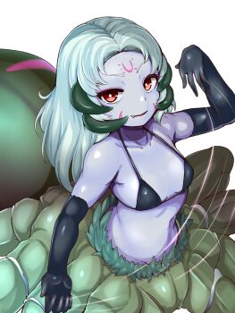 blue_skin bra breasts colored_skin gloves insect_girl looking_at_viewer mon-musu_quest! monster_girl pale_skin raichi_(ddq0246) small_breasts smile spider_girl underwear white_hair