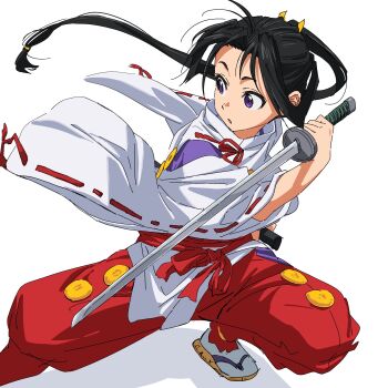 1boy absurdres black_hair hajikkoneko hakama hakama_pants highres holding holding_sword holding_weapon houjou_tokiyuki_(nige_jouzu_no_wakagimi) japanese_clothes kariginu katana long_hair long_sleeves male_focus nige_jouzu_no_wakagimi open_mouth pants parted_bangs ponytail purple_eyes red_hakama red_sash sash sidelocks_tied_back simple_background solo sword very_long_hair weapon white_background wide_sleeves