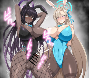 1girl 2girls absurdres ahegao alternate_eye_color animal_ears aqua_leotard areola_slip arms_behind_back arms_behind_head arms_up asuna_(blue_archive) asuna_(bunny)_(blue_archive) black_hair black_leotard blonde_hair blue_archive blue_bow blue_bowtie blue_halo blue_leotard bow bowtie breasts cum dark-skinned_female dark_skin detached_collar fake_animal_ears fishnet_pantyhose fishnets futanari gdgdxd96 gloves gradient_hair hair_over_one_eye halo highleg highleg_leotard highres karin_(blue_archive) karin_(bunny)_(blue_archive) large_breasts leotard long_hair looking_at_viewer mole mole_on_breast multicolored_hair multiple_girls official_alternate_costume open_mouth pantyhose penis pink_eyes playboy_bunny ponytail purple_hair purple_halo rabbit_ears rabbit_tail smile strapless strapless_leotard tail thighband_pantyhose traditional_bowtie very_long_hair white_gloves yellow_eyes