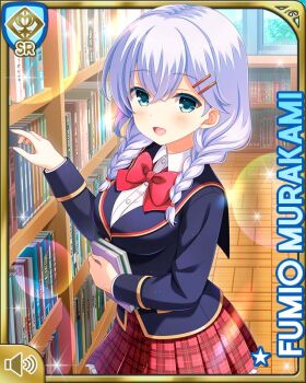 Rule 34 | 1girl, :d, aqua eyes, black socks, blazer, blue jacket, book, bookcase, braid, card (medium), day, frilled skirt, frills, front braid, girlfriend (kari), hair ornament, hair over shoulder, hairclip, holding, indoors, jacket, kneehighs, library, long hair, long sleeves, looking at viewer, murakami fumio, official art, open mouth, plaid clothes, plaid skirt, pleated skirt, qp:flapper, red skirt, shirt, shoes, skirt, smile, socks, solo, standing, twin braids, white shirt