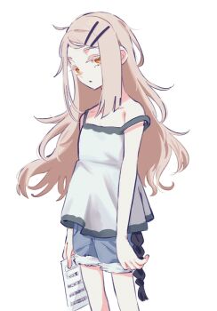 1girl ahoge arms_at_sides bare_shoulders belt black_belt blonde_hair blue_shorts breasts camisole collarbone colored_eyelashes commentary_request cowboy_shot denim denim_shorts from_side gakuen_idolmaster hair_ornament hairclip highres holding holding_paper idolmaster long_hair looking_at_viewer looking_to_the_side messy_hair music_sheet orange_eyes paper parallel_hairclips parted_bangs parted_lips prototype_design rope_belt shinosawa_hiro shorts simple_background small_breasts solo strap_slip white_background white_camisole yasuzero