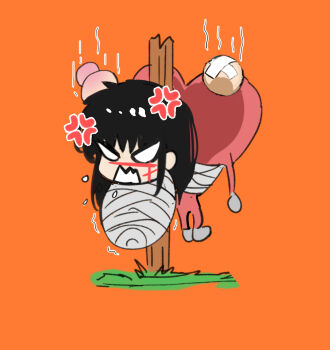 1girl angry black_hair bound bruise chainsaw_man demon_girl highres injury long_hair mangaka orange_background sailen0 scar scar_on_face tied_up_(nonsexual) wrapped_up yoru_(chainsaw_man)