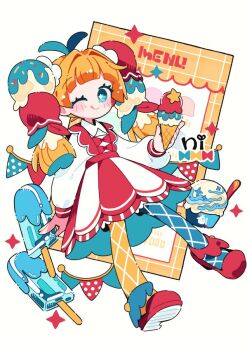 1girl ;q antenna_hair asymmetrical_legwear blonde_hair blue_pantyhose blunt_bangs blush closed_mouth commentary dress food food-themed_hair full_body green_eyes holding holding_food holding_ice_cream ice_cream long_hair long_sleeves looking_at_viewer mismatched_legwear nagino_nichiko one_eye_closed original pantyhose popsicle red_dress red_shoes shoes signature smile solo symbol-only_commentary tongue tongue_out twintails two-tone_dress white_background white_dress yellow_pantyhose