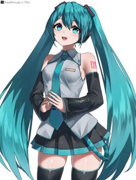 1girl aqua_eyes aqua_hair aqua_necktie aqua_trim arm_tattoo armpit_crease black_skirt blush breasts collared_shirt commentary_request detached_sleeves grey_shirt hair_between_eyes hair_ornament hatsune_miku highres long_hair long_sleeves looking_at_viewer medium_breasts miniskirt necktie number_tattoo open_mouth pleated_skirt riro_(breakthrough_rr) shirt simple_background skirt sleeveless sleeveless_shirt smile solo tattoo thighhighs twintails very_long_hair vocaloid white_background wide_sleeves zettai_ryouiki