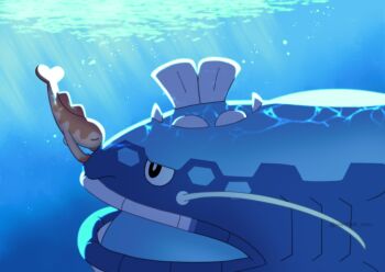 blue_skin blue_tongue bright_pupils closed_eyes colored_skin colored_tongue commentary_request dondozo fins fish naru_(wish_field) nintendo no_humans open_mouth orange_skin pokemon pokemon_(creature) pokemon_focus swimming tatsugiri underwear water white_pupils