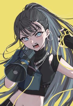 1girl absurdres aburi-gatana amaya_tsubame black_gloves black_pants black_tank_top blue_eyes cropped_jacket fingerless_gloves gakuen_idolmaster gloves grey_jacket highres holding holding_megaphone idolmaster jacket megaphone mole mole_under_eye open_mouth pants short_hair simple_background solo tank_top upper_body yellow_background