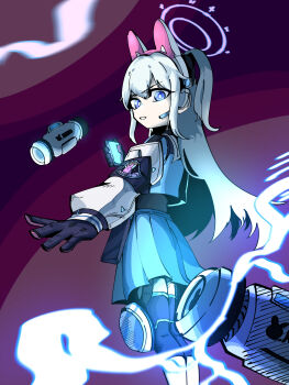 1girl animal_ear_headphones animal_ears black_gloves blue_archive blue_eyes blue_shirt blue_skirt cellphone detached_sleeves drone fake_animal_ears geonbanmaen gloves halo headphones headset highres holding holding_phone knee_pads long_hair long_sleeves looking_to_the_side miyako_(blue_archive) one_side_up open_mouth outstretched_arm phone shirt skirt smartphone solo standing white_hair