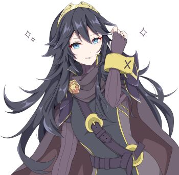 Rule 34 | 1girl, alternate color, armor, belt, blue eyes, blue hair, cape, commentary request, fingerless gloves, fire emblem, fire emblem awakening, gloves, grey background, grin, hair between eyes, highres, long hair, long sleeves, looking at viewer, lucina (fire emblem), nintendo, pauldrons, purple belt, purple cape, ribbed sweater, shoulder armor, simple background, smile, solo, super smash bros., sweater, tiara, turtleneck, turtleneck sweater, yano 56 2