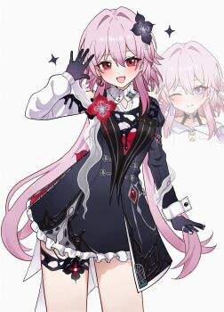 2girls :d absurdres black_dress black_gloves breasts chideno clothing_cutout dress earrings evernight_(honkai:_star_rail) flower gloves hair_flower hair_ornament hand_up highres honkai:_star_rail honkai_(series) jewelry long_hair march_7th_(honkai:_star_rail) medium_breasts multiple_girls open_mouth pink_hair projected_inset red_eyes shirt shoulder_cutout simple_background single_earring smile solo_focus sparkle white_background white_shirt