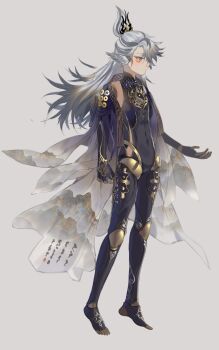 1boy absurdres black_gloves covered_navel gloves gold_trim grey_hair hair_between_eyes highres ibex long_hair male_focus orange_eyes original simple_background solo standing