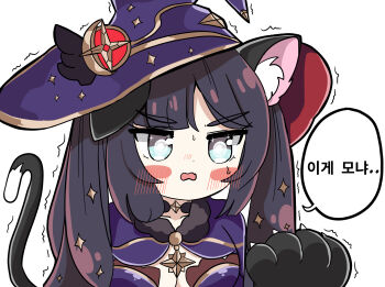 1girl animal_ear_fluff animal_ears aqua_eyes black_hair blush_stickers breasts capelet cat_ears cat_girl cat_tail cleavage commentary_request embarrassed fur-trimmed_capelet fur_trim genshin_impact hat highres korean_commentary korean_text long_hair mona_(genshin_impact) open_mouth purple_capelet purple_hat senlong45 simple_background solo speech_bubble tail translation_request white_background witch_hat