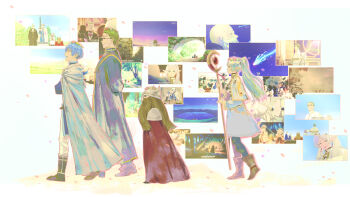 1girl 3boys :d absurdres beard black_pantyhose blonde_hair blue_hair boots brown_footwear capelet cloak collage_background cropped_arms dress earrings eisen_(sousou_no_frieren) elf facial_hair fake_horns flower_wreath frieren from_side full_body glasses green_eyes green_hair grey_cloak grey_hair heiter helmet highres himmel_(sousou_no_frieren) holding holding_staff hood hooded_cloak horned_helmet horns jewelry long_beard long_hair long_sleeves looking_ahead multiple_boys open_mouth pants pantyhose petals pointy_ears profile qianyu_rainz queue red_cloak robe screenshot_background screenshot_inset shoes simple_background smile sousou_no_frieren staff striped_clothes striped_dress twintails white_background white_capelet white_dress wind