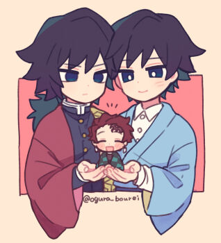 Rule 34 | 3boys, black hair, black jacket, blue eyes, blue kimono, bright pupils, brown hair, buttons, closed eyes, collared shirt, commentary request, demon slayer uniform, dual persona, empty eyes, fingernails, gold buttons, haori, high collar, jacket, japanese clothes, kamado tanjirou, kikkoumon, kimetsu no yaiba, kimono, long hair, low ponytail, male focus, multiple boys, ogura bourei, ponytail, print haori, red haori, shirt, smile, spiked hair, tomioka giyuu, twitter username, upper body, white pupils, white shirt