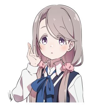 1girl :o blue_neckerchief blue_vest blush brown_eyes brown_hair collared_shirt commentary_request hair_ornament hair_over_shoulder hair_scrunchie highres long_hair long_sleeves looking_at_viewer mono_(afro) neckerchief open_mouth scrunchie shikishima_sakurako shirt sidelocks signature simple_background solo upper_body variant_set vest white_background white_shirt yas_(yosiyasuyasu)