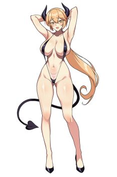1girl absurdres armpits arms_behind_head black_shoes black_slingshot_swimsuit blush breasts commentary_request demon_horns demon_tail full_body girls&#039;_frontline girls&#039;_frontline_2:_exilium gluteal_fold groza_(girls&#039;_frontline_2) hair_between_eyes highres horns korean_commentary large_breasts long_hair looking_at_viewer navel open_mouth orange_hair ots-14_(girls&#039;_frontline) pubic_tattoo shoes simple_background skindentation slingshot_swimsuit smile solo standing stomach swimsuit tail tattoo wessidesuyo white_background yellow_eyes