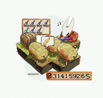 1girl artist_name barrel beamed_eighth_notes bottle bubble cloak commentary dirt gameplay_mechanics grass halftone hashtag-only_commentary heads-up_display hightguy hollow_knight hornet_(hollow_knight) horns image_in_speech_bubble isometric musical_note red_cloak solo speech_bubble stardew_valley treasure_chest user_interface white_background wine_bottle