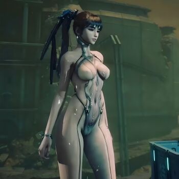 1girl 3d black_eyes black_hair bodysuit breasts cameltoe covered_erect_nipples covered_navel curvy eve_(stellar_blade) highres large_breasts lips long_hair official_art ponytail skin_suit_(stellar_blade) skin_tight stellar_blade thick_thighs thighs white_bodysuit wide_hips