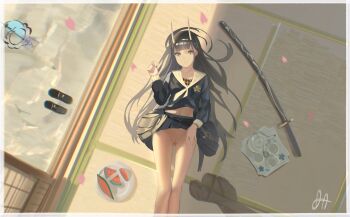 1girl absurdres azur_lane bad_id bad_pixiv_id bare_legs black_hair black_shirt black_shoes black_skirt blunt_bangs cherry_blossoms clothes_lift collarbone commentary cup da_(datako) english_commentary expressionless falling_petals food from_above fruit hair_spread_out highres hime_cut horns huge_filesize indoors lifting_own_clothes loafers long_hair long_sleeves looking_at_viewer lying midriff miniskirt navel no_panties noshiro_(azur_lane) on_back pantyhose petals pleated_skirt pussy sailor_collar school_uniform serafuku shirt shoes signature skin-covered_horns skirt skirt_lift solo straight_hair tatami tea_set teacup teapot uncensored unworn_pantyhose unworn_shoes watermelon white_sailor_collar wind_chime yellow_eyes