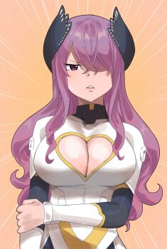 Rule 34 | 1girl, breasts, cleavage, colorized, eden's zero, gaston18, hair ornament, hair over one eye, holy (eden's zero), large breasts, long hair, mashima hiro, purple eyes, purple hair, solo