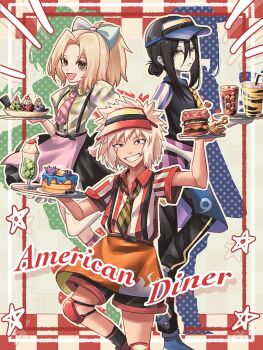 1girl 2boys :d alternate_costume apron black_eyes black_hair blonde_hair bow brown_eyes burger character-themed_food cherry cup drinking_straw english_text facial_mark food french_fries fruit gamabunta_(naruto) gamakichi_(naruto) hair_between_eyes hair_bow highres holding holding_tray ice_cream ice_cream_float jiraiya_(naruto) katsuyu_(naruto) long_bangs long_hair looking_at_viewer manda_(naruto) multiple_boys naruto_(series) necktie open_mouth orochimaru_(naruto) pale_skin pancake pancake_stack ponytail shirt short_hair short_sleeves siokosyousio smile star_(symbol) striped_clothes striped_necktie striped_shirt teeth tray tsunade_(naruto) visor_cap waiter waitress white_bow white_hair yellow_eyes