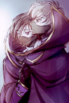 ascot black_gloves black_hair brown_hair cape code_geass gloves green_eyes half_mask highres hougu_(hougu_kmh) kururugi_suzaku lelouch_vi_britannia male_focus mask mouth_mask multiple_boys purple_eyes zero_(code_geass)