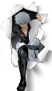 Rule 34 | 1boy, absurdres, belt, belt buckle, black belt, black boots, black pants, black shirt, boots, buckle, closed mouth, collarbone, crack, fourth wall, gintama, gintoki ful, hadanugi dousa, hair between eyes, half-closed eyes, highres, hole, japanese clothes, kimono, knee boots, looking at viewer, male focus, messy hair, open kimono, pants, pectoral cleavage, pectorals, popped collar, red eyes, sakata gintoki, shadow, shirt, short hair, short sleeves, simple background, solo, through wall, white background, white hair, white kimono