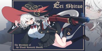1girl absurdres black_boots black_robe black_skirt black_socks blue_archive blush bolt_action boots bow breasts buttons carcano character_name closed_mouth collared_shirt eri_(blue_archive) grey_hair gun hair_between_eyes halo hat highres holding holding_gun holding_weapon jewelry large_breasts long_hair long_sleeves looking_at_viewer low-tied_long_hair open_mouth orange_eyes orange_halo pleated_skirt red_bow rifle ring robe shima_(koma_kiriyoshi) shirt skirt smile socks striped_bow tilted_halo very_long_hair weapon white_shirt witch_hat
