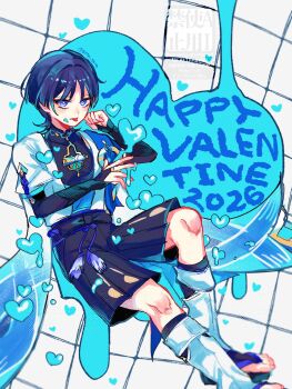 Rule 34 | 1boy, armor, belt, black belt, black bodysuit, black bow, black bridal gauntlets, black hair, black shorts, blue cape, blue hair, blue kimono, blue sleeves, blunt ends, bodysuit, bow, bridal gauntlets, bright pupils, cape, choppy bangs, clenched hand, closed mouth, commentary request, covered collarbone, eyelashes, eyeliner, fingernails, furisode, genshin impact, gnsn tera, gold ring, grid background, hakama, hakama shorts, hands up, happy valentine, heart, highres, japanese armor, japanese clothes, juban, kimono, kote, kurokote, layered sleeves, leg warmers, looking at viewer, makeup, male focus, mandarin collar, middle ring, multicolored hair, open clothes, open hand, open kimono, pleated shorts, purple eyes, purple rope, purple sash, red eyeliner, rope, sash, scaramouche (genshin impact), short sleeves, shorts, shoulder peek, side cape, solo, streaked hair, tassel, toeless legwear, toenails, toes, tongue, tongue out, tsurime, wanderer (genshin impact), white kimono, white leg warmers, white pupils, white sleeves