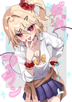 Rule 34 | 1girl, absurdres, alternate costume, amano hagoromo, blonde hair, blue skirt, blush, border, bow, bowtie, breasts, brown sweater, clothes around waist, collarbone, collared shirt, commentary request, crystal, crystal wings, fang, flandre scarlet, gradient nails, grey background, gyaru, hair between eyes, hair intakes, hair ornament, hair scrunchie, hairclip, hand on own hip, heart, highres, kogal, looking at viewer, medium hair, nail polish, one side up, outside border, partially unbuttoned, pink nails, pleated skirt, purple nails, purple skirt, red eyes, red nails, scrunchie, shirt, side ponytail, simple background, skirt, sleeves rolled up, smile, solo, sparkle, sweater, sweater around waist, tongue, tongue out, touhou, translation request, v, white border, white shirt, wings, yellow bow, yellow bowtie