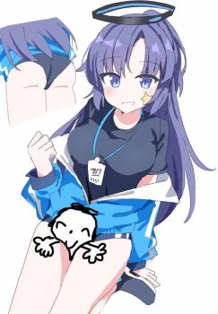 1boy 1girl ass between_legs between_thighs black_shirt blue_archive blue_eyes blue_jacket blush breasts buruma commentary_request doanobunokami doodle_sensei_(blue_archive) gym_uniform halo jacket lanyard long_hair looking_at_viewer mechanical_halo multiple_views official_alternate_costume partially_unzipped ponytail purple_eyes purple_hair seiza sensei_(blue_archive) shirt short_sleeves simple_background sitting smile star_(symbol) star_sticker sticker sticker_on_face thighs track_jacket white_background yuuka_(blue_archive) yuuka_(track)_(blue_archive)