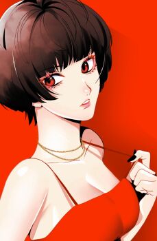 1girl bare_shoulders black_hair black_nails blunt_bangs bob_cut breasts camisole cleavage commentary_request gold_necklace highres inuha_dayo52 jewelry large_breasts looking_at_viewer nail_polish necklace parted_lips persona persona_5 pink_lips portrait red_background red_camisole red_eyes short_hair simple_background solo spaghetti_strap strap_pull takemi_tae