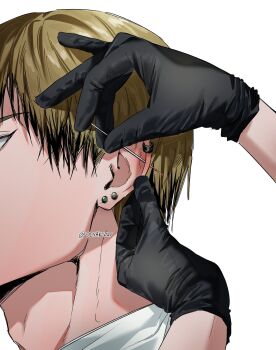 1boy 1other adam's_apple black_gloves black_hair blonde_hair blood colored_tips commentary_request ear_piercing earrings from_side gloves highres jewelry jisak1021 jujutsu_kaisen male_focus multicolored_hair needle piercing piercing_(action) short_hair solo_focus twitter_username zen'in_naoya