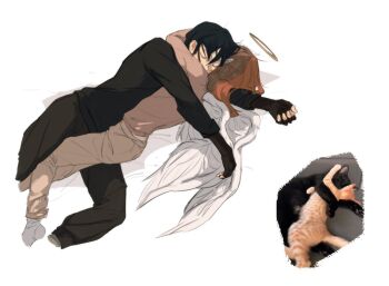 2boys angel angel_devil_(chainsaw_man) angel_wings black_gloves black_hair black_pants brown_pants chainsaw_man closed_eyes commentary elbow_gloves english_commentary fingerless_gloves gloves ha_gege hair_undone halo hayakawa_aki hug long_sleeves male_focus multiple_boys on_bed pants reference_inset short_hair simple_background sleeping sleeping_on_person sleeping_together socks sweatpants traditional_halo white_background white_socks wings yaoi