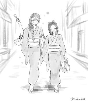2girls alternate_costume alternate_hairstyle bag blush braid breasts butterfly_hair_ornament closed_eyes commentary_request food friends full_body greyscale hair_ornament hair_over_shoulder happy highres holding holding_bag holding_food holding_hands japanese_clothes kanroji_mitsuri kimetsu_no_yaiba kimono kochou_shinobu long_hair medium_hair monochrome multiple_girls parted_bangs sash sketch small_breasts smile standing standing_on_one_leg t_m_wk25 teeth twitter_username upper_teeth_only walking wide_sleeves