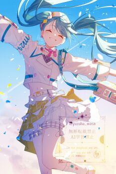 Rule 34 | 1girl, aqua hair, bag, beret, bow, closed eyes, collarbone, commentary request, cropped jacket, diamond (shape), diamond hair ornament, hair between eyes, hat, hatsune miku, highres, jacket, long hair, long sleeves, looking at viewer, magical mirai (vocaloid), magical mirai miku, magical mirai miku (2024), midriff, musical note, musical note ornament, navel, number earrings, official alternate costume, official alternate hairstyle, open mouth, outstretched arms, pink bow, plaid clothes, plaid skirt, pleated skirt, shorts, shorts under skirt, shoulder bag, skirt, smile, solo, stomach, teeth, twintails, very long hair, vocaloid, watermark, white hat, white jacket, yellow skirt, yuzuha wasa