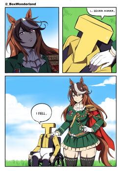 1boy 1girl absurdres aiguillette animal_ears artist_name ascot black_hair box_wonderland brown_hair cape closed_mouth death_by_snoo_snoo english_text epaulettes giant giantess gloves highres horse_ears horse_girl horse_tail looking_at_viewer medal military_uniform multicolored_hair muscular muscular_female pink_eyes red_cape serious single_epaulette smile speech_bubble symboli_rudolf_(umamusume) t-head_trainer_(umamusume) tail thick_thighs thighs trainer_(umamusume) twitter_username umamusume wheelchair white_ascot white_gloves white_hair