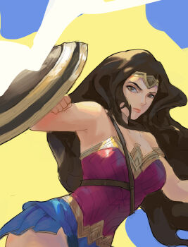 1girl bare_shoulders beask blue_background blue_skirt boots brown_eyes brown_hair circlet closed_mouth commentary dated dc_comics english_commentary highres holding holding_shield holding_weapon long_hair shield signature skirt solo superhero_costume weapon wonder_woman wonder_woman_(series)
