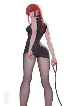 1girl absurdres alternate_costume ass black_pantyhose braid braided_ponytail breasts chainsaw_man closed_mouth commentary cropped_legs dress english_commentary highres holding holding_leash large_breasts leash long_hair looking_at_viewer looking_back makima_(chainsaw_man) pantyhose pov quilm red_hair sidelocks simple_background solo standing viewer_on_leash white_background white_dress yellow_eyes