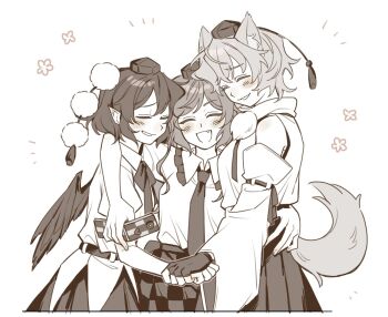 3girls animal_ear_fluff animal_ears arm_around_shoulder blush camera_phone cellphone checkered_clothes checkered_skirt closed_eyes collared_shirt commentary_request detached_sleeves fang fingerless_gloves flip_phone frilled_shirt_collar frills gloves greyscale hat himekaidou_hatate holding holding_phone hug inubashiri_momiji monochrome multiple_girls open_mouth phone pointy_ears pom_pom_(clothes) puffy_short_sleeves puffy_sleeves sakic43899 shameimaru_aya shirt short_sleeves skirt smile tail tokin_hat touhou twintails wings wolf_ears wolf_girl wolf_tail