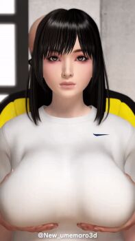 1boy 1girl 3d animated animated_gif black_hair breasts breasts_grabbed_from_behind breasts_squeezed_together brown_eyes groping kamiizumi_itoha large_breasts medium_hair umemaro umemaro_3d