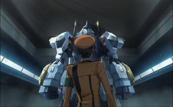 1boy armband aroundight_(code_geass) back belt beret black_hair blue_eyes buttons closed_mouth code_geass code_geass:_lost_stories collared_shirt dutch_angle f4samurai game_cg green_eyes hat highres indoors jacket light_particles light_rays long_sleeves male_focus mario_disel mecha non-web_source official_art orange_hat orange_jacket robot serious shirt short_hair sidelocks solo standing upper_body v-shaped_eyebrows