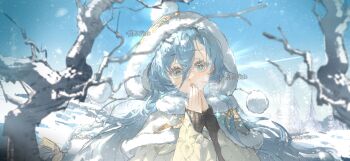 1girl 37_(maidjump_goods_cafe)_(reverse:1999) 37_(reverse:1999) :o absurdres beanie blue_eyes blue_hair blue_sky branch commission hair_between_eyes hands_up hat highres long_hair looking_at_viewer official_alternate_costume open_mouth own_hands_together palms_together pom_pom_(clothes) pom_pom_beanie reverse:1999 sangxin-bingkuang_chang_ergouzi sky snow solo tree upper_body very_long_hair watermark yellow_cloak yellow_hat