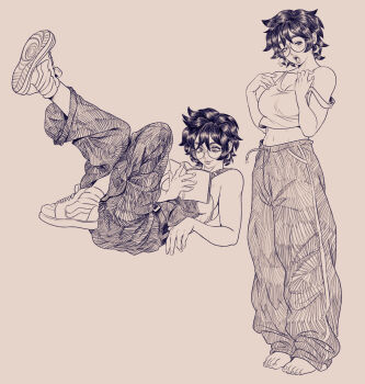 1girl absurdres baggy_pants barefoot belt book breasts cleavage commentary commission crop_top earrings english_commentary full_body glasses highres holding holding_book jewelry leg_up lying multiple_views navel on_back original pants reading robo_ink round_eyewear shoes short_hair single_bare_shoulder sitting sneakers standing sweatpants tank_top white_background yawning