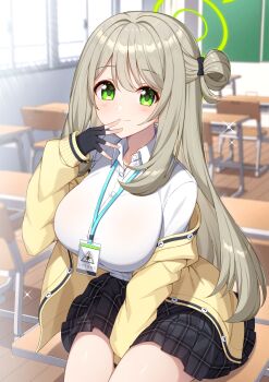 1girl black_gloves black_skirt blue_archive blush breasts buttons cardigan chair classroom closed_mouth collared_shirt cowboy_shot desk fingerless_gloves gloves green_eyes green_halo halo highres id_card indoors large_breasts light_brown_hair long_hair looking_at_viewer nonomi_(blue_archive) open_cardigan open_clothes pleated_skirt school_chair school_desk shirt sitting skirt smile solo t@ke-g white_shirt yellow_cardigan