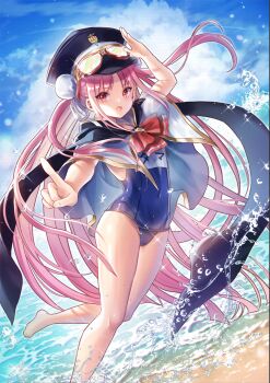 1girl :d arm_up barefoot beach blue_one-piece_swimsuit blue_sky cape cloud covered_navel day double_bun floating_hair goggles hair_bun hat heaven_burns_red highres hobak kunimi_tama long_hair looking_at_viewer name_tag ocean one-piece_swimsuit open_mouth outdoors pink_eyes pink_hair pointing red_eyes sailor_hat salute school_swimsuit sky smile solo standing standing_on_one_leg swimsuit twintails very_long_hair water
