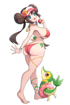 1girl :d absurdres alternate_costume ass back bare_shoulders bikini blue_eyes blush bracelet breasts brown_hair butt_crack donut_hair_bun double_bun flower gen_5_pokemon gonzarez hair_bun hair_flower hair_ornament highres holding holding_poke_ball holding_swim_ring huge_ass innertube jewelry kneepits large_breasts long_hair nintendo open_mouth pink_bikini plant poke_ball poke_ball_(basic) pokemon pokemon_(creature) pokemon_bw2 rosa_(pokemon) sideboob smile snivy solo swim_ring swimsuit twintails very_long_hair vines visor_cap white_background