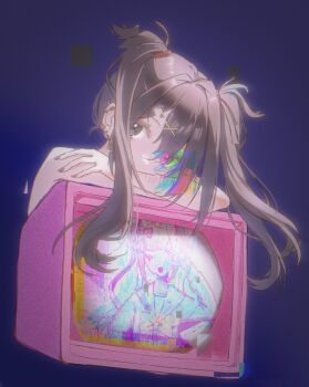 1girl ame-chan_(needy_girl_overdose) black_eyes blue_background blurry_border censored chouzetsusaikawa_tenshi-chan crossed_arms crt dual_persona earrings glitch glitch_censor glowing hair_flowing_over hair_ornament haze highres jewelry koharustuki leaning_on_object leaning_on_self long_sidelocks looking_at_viewer needy_girl_overdose nude self-harm_scar short_twintails sidelocks solo static stud_earrings television twintails upper_body wrist_cuffs x_hair_ornament